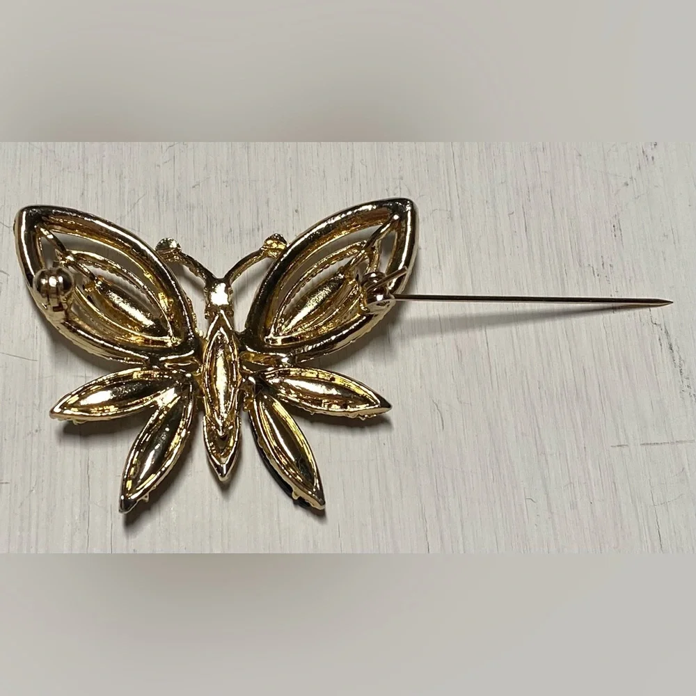 Vintage Black Gold Beaded Butterfly Brooch Pin Accessory Boho Fall Whimsigoth